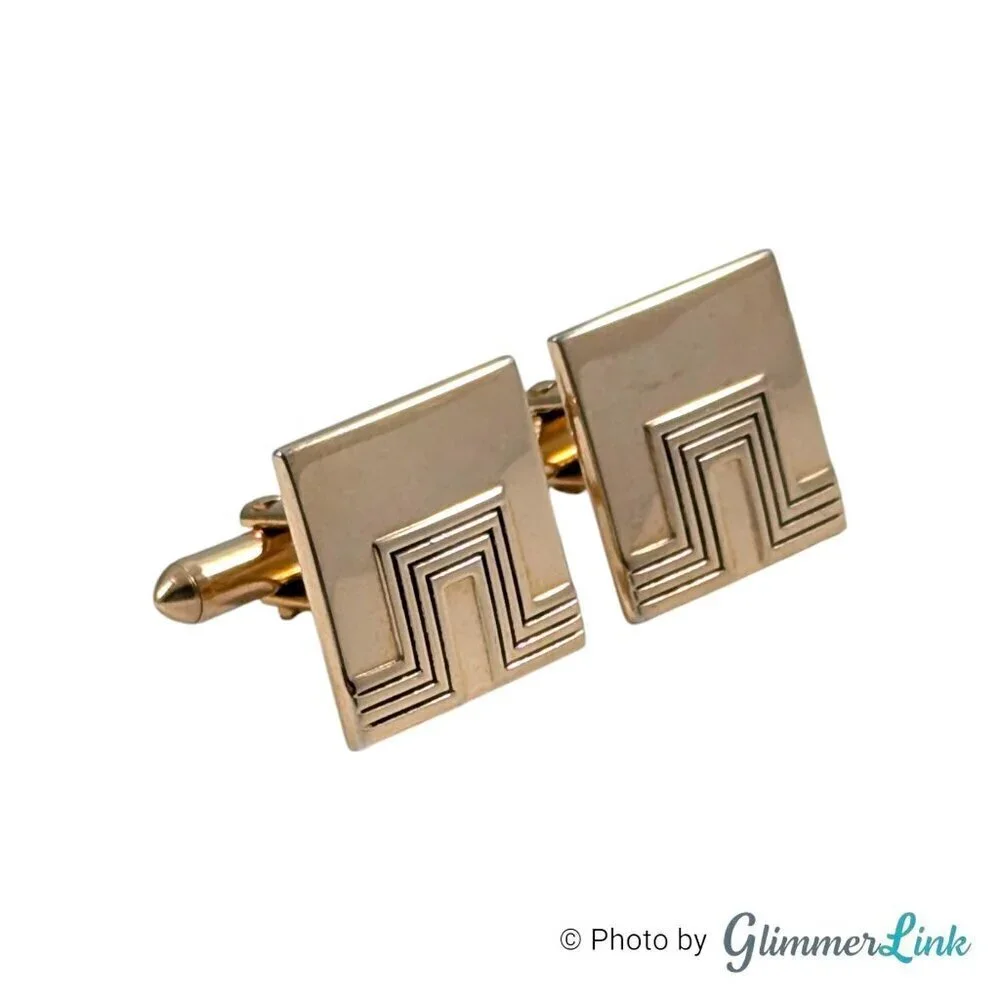 Vintage Swank MCM Square Geometric Black Lines Gold Tone Cufflinks